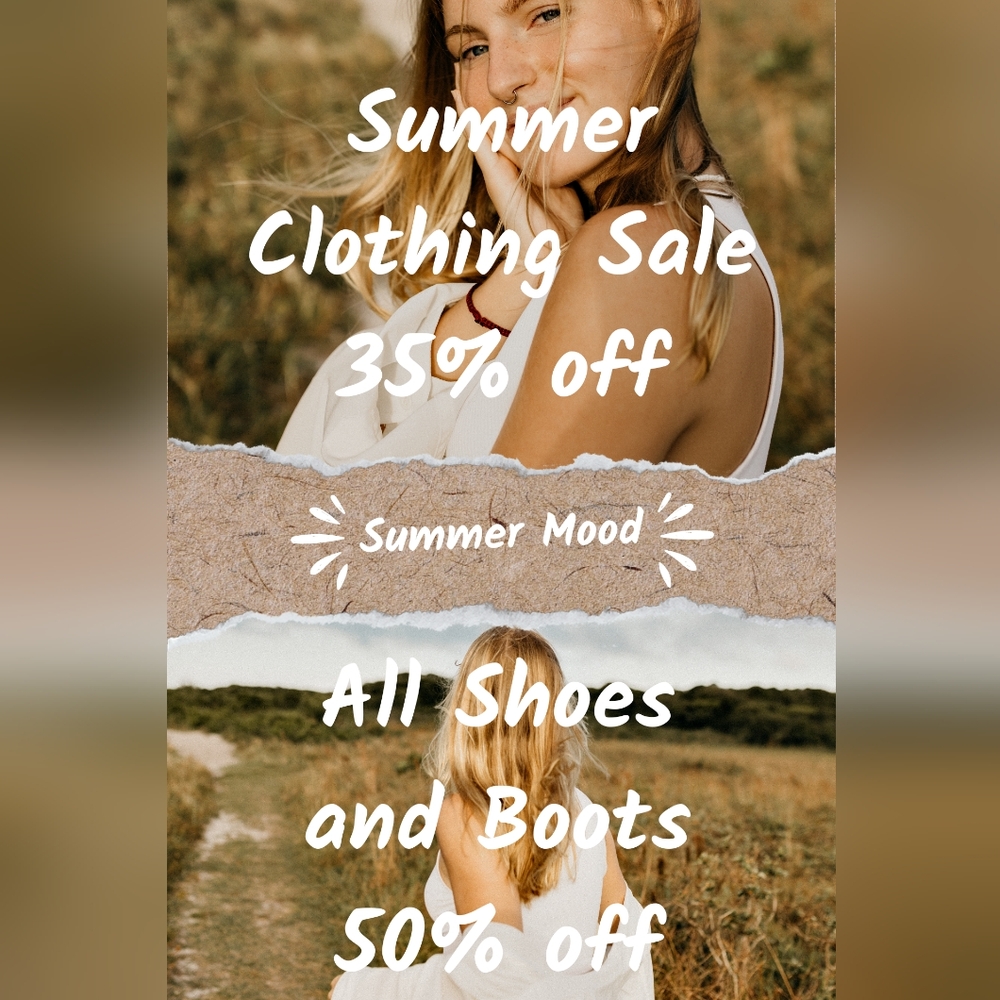 June clothing 35% off sale. All shoes and boots 50% off. Great deals!!!